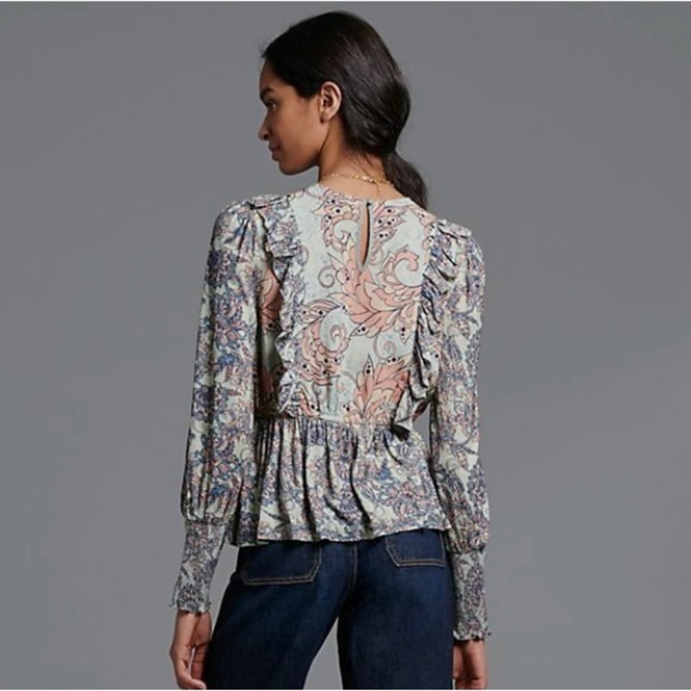 Bl^nk London Moira Ruffled‎ Peplum Blouse Size S Multicolor Paisley Boho